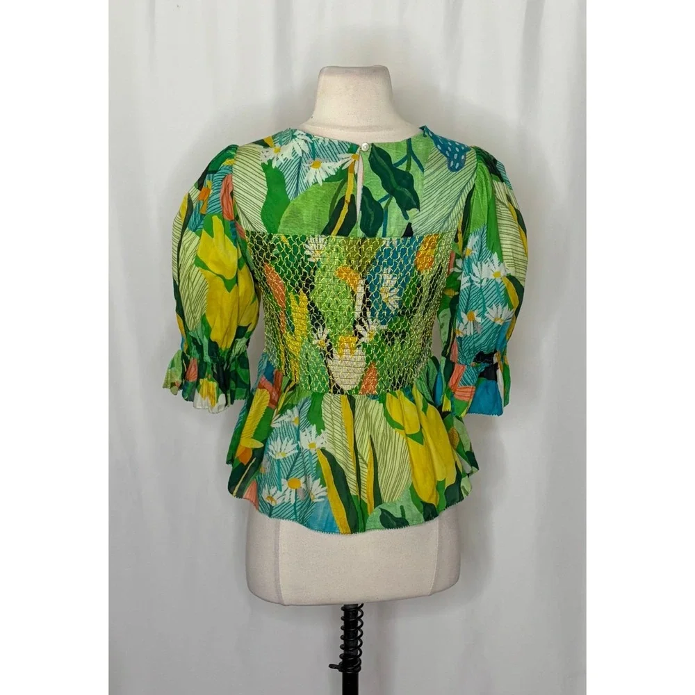 NEW!! FARM RIO Vintage Toucans Smocked‎ Peplum Top Blouse Tropical Small